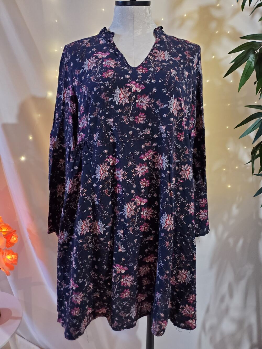 Altar'd State Womans Floral Mini Tunic Dress Size L Boho Long Kimono Sleeve Top